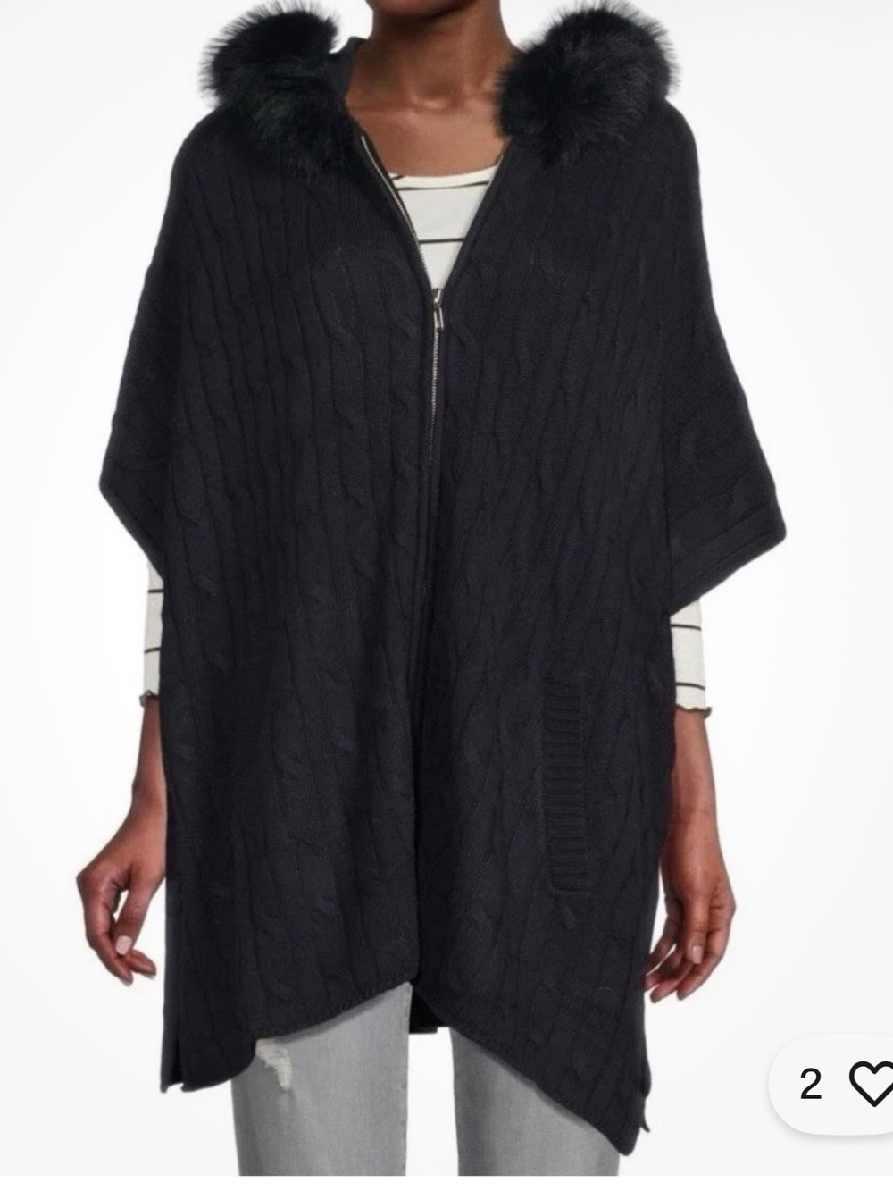 Saks Fifth Avenue Black Cable-Knit Zip Poncho with Faux Fur Hood